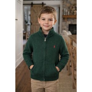 Polo Ralph Lauren Boys Green Full Zip Mock Neck Heavy Tight Knit Sweater Size 6